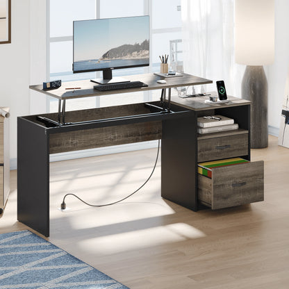 Bestier Computer Desk with Drawers Power Outlet  60" Office Desk Lift Top Desk, Gray