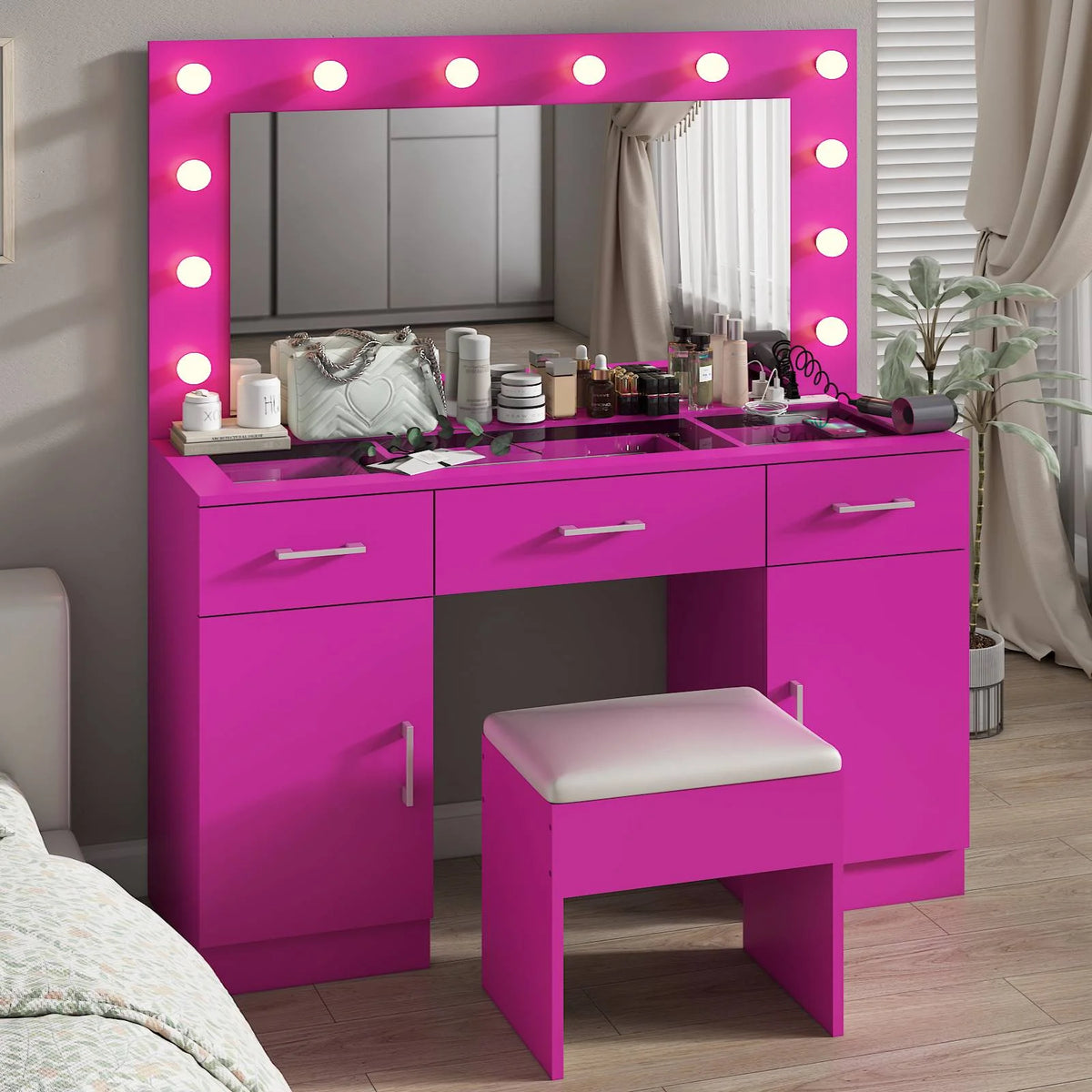 Ktaxon Large Makeup Vanity, Vanity Table Set w/ Visible Glass Top w/ Charging Station, White