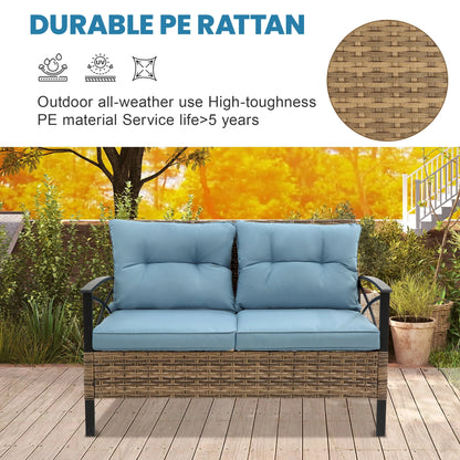 Heavy-duty Patio Furniture Set, 4 Piece Outdoor Sectional Conversation Sets, BrownPE Rattan Patio Sofa Set with Blue Cushions