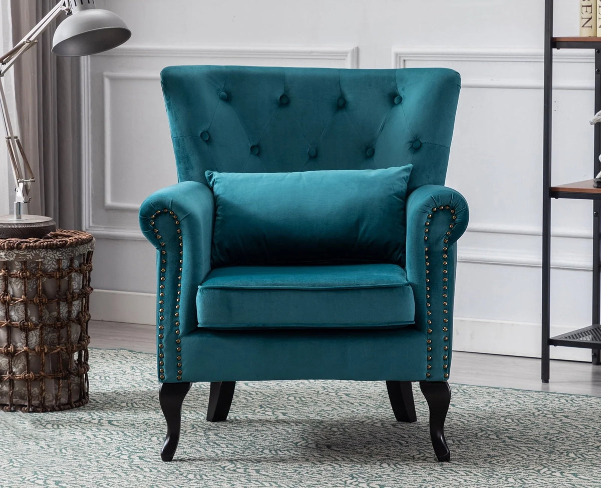Guyou Mid Century Accent Chair Modern Button Tufted Armchair Wingback Club Chair Velvet Single Sofa Lounge Chair with Pillow for Living Room Bedroom, Teal Blue