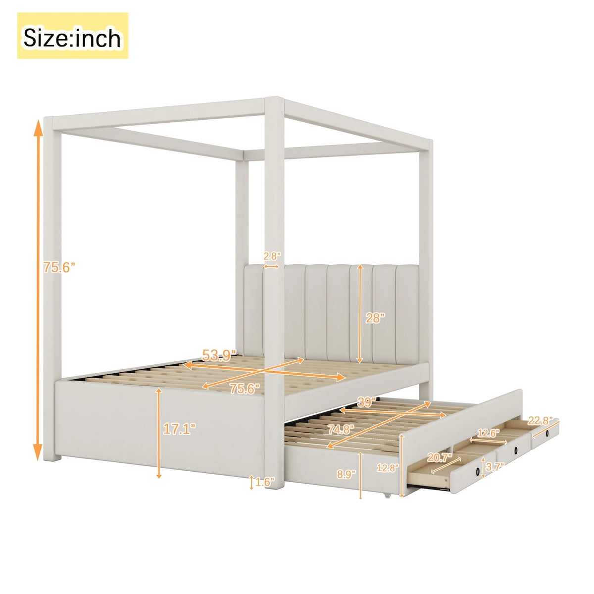 EUROCO Upholstered Full Size Canopy Bed Frame with Trundle Bed and 3 Drawers, Platform Bed with Headboard for Kids Teens Adults, Beige