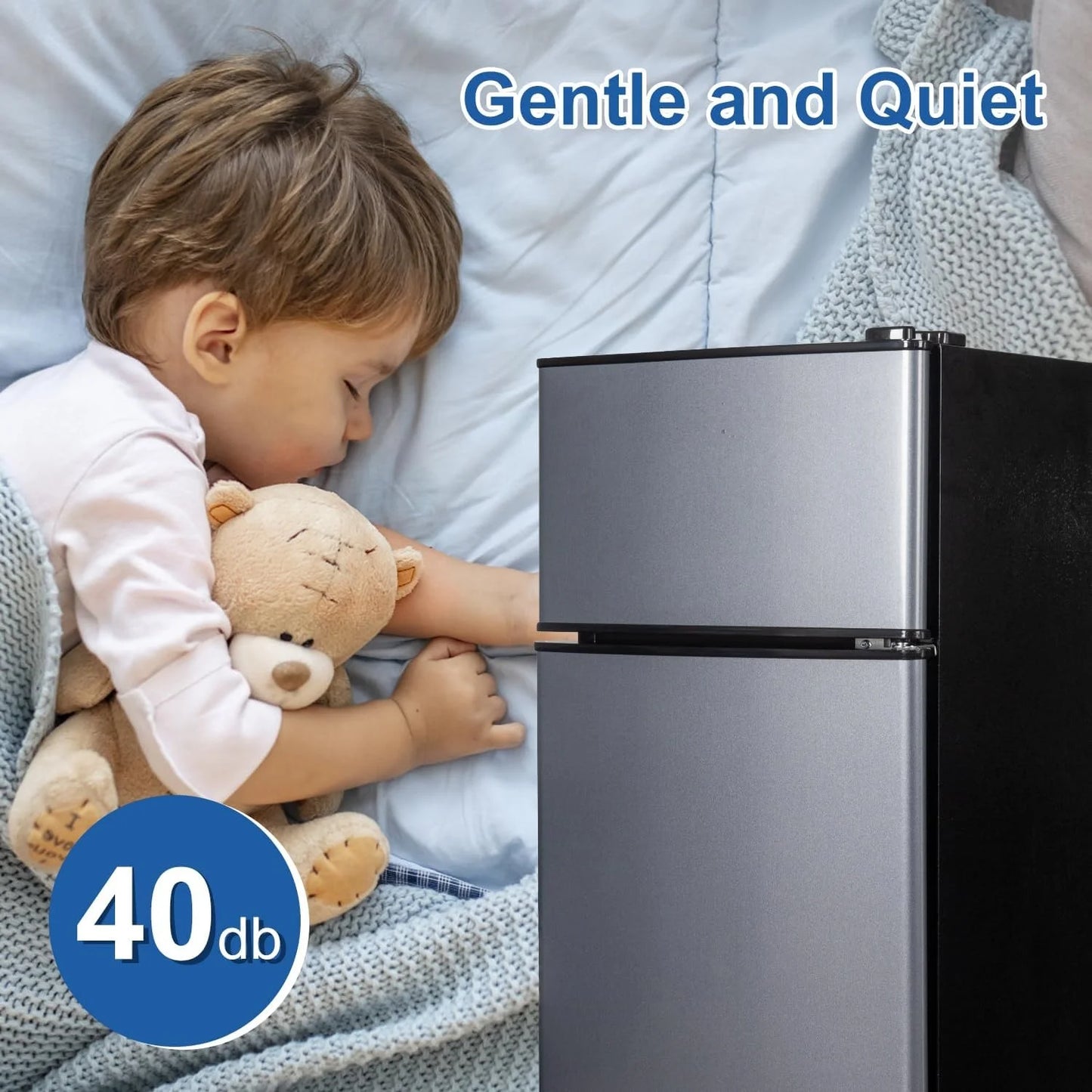Kcpolre Mini Fridge with Freezer, 2.5 Cu.ft Small Fridge, Low Noise,7 Adjustable Thermostat, Double Door Small Refrigerator for Dorm, Bedroom, Office, Blue