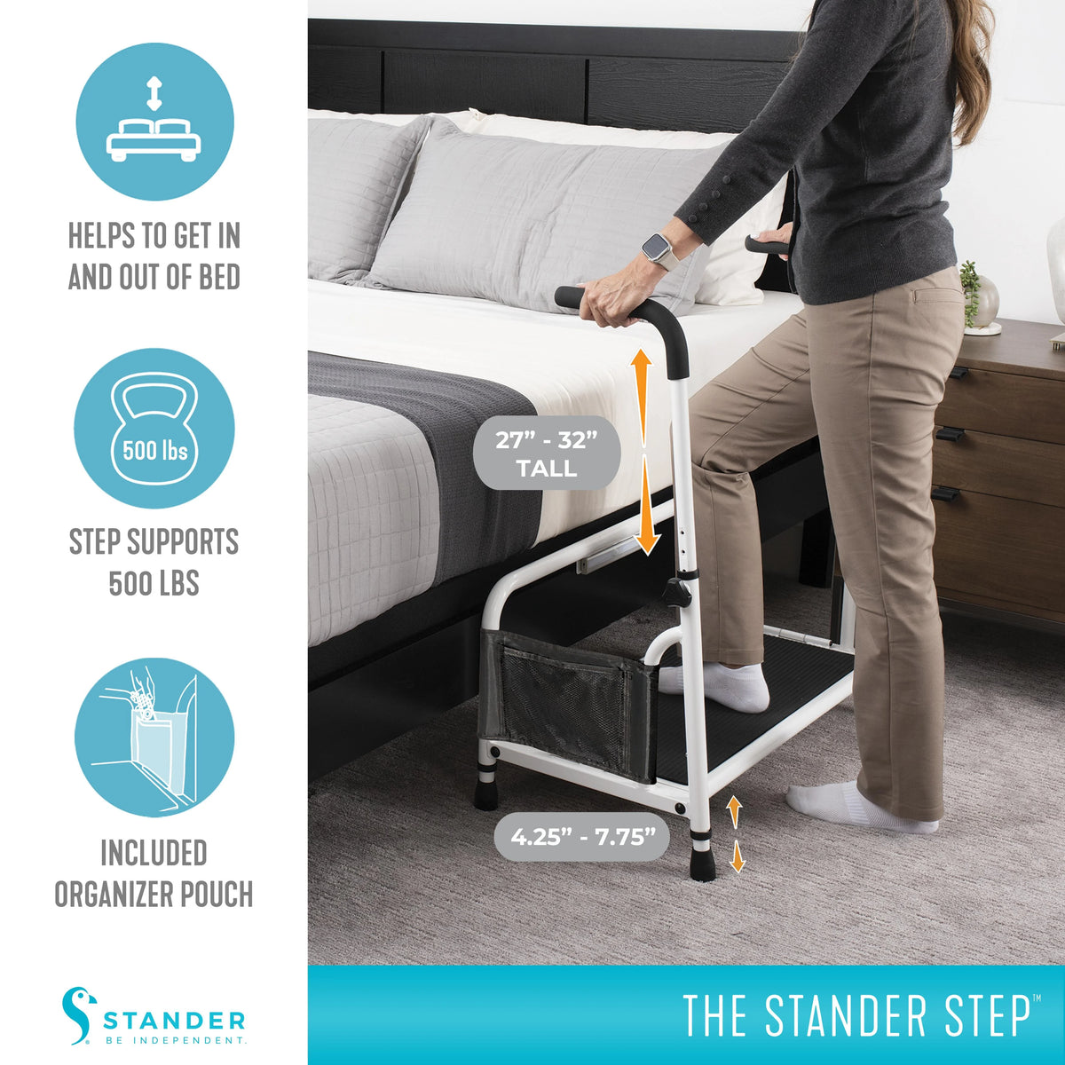 Stander Step Stool, Bed Step with Adjustable Hand Rails for Seniors and Elderly Adults, Extra Wide Heavy Duty Step Ladder, Stepping Stool with Grab Bars and Motion Activated Light, White