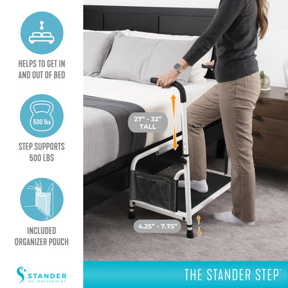 Stander Step Stool, Bed Step with Adjustable Hand Rails for Seniors and Elderly Adults, Extra Wide Heavy Duty Step Ladder, Stepping Stool with Grab Bars and Motion Activated Light, White