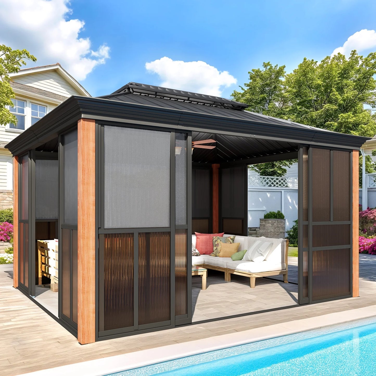 EROMMY 10'x 12' Sunroom, with Front Door, Side Entrance, Galvanized Steel Double Top, Wood Grain Appearance, Aluminum Alloy Frame, Solarium Backyard Sun Room