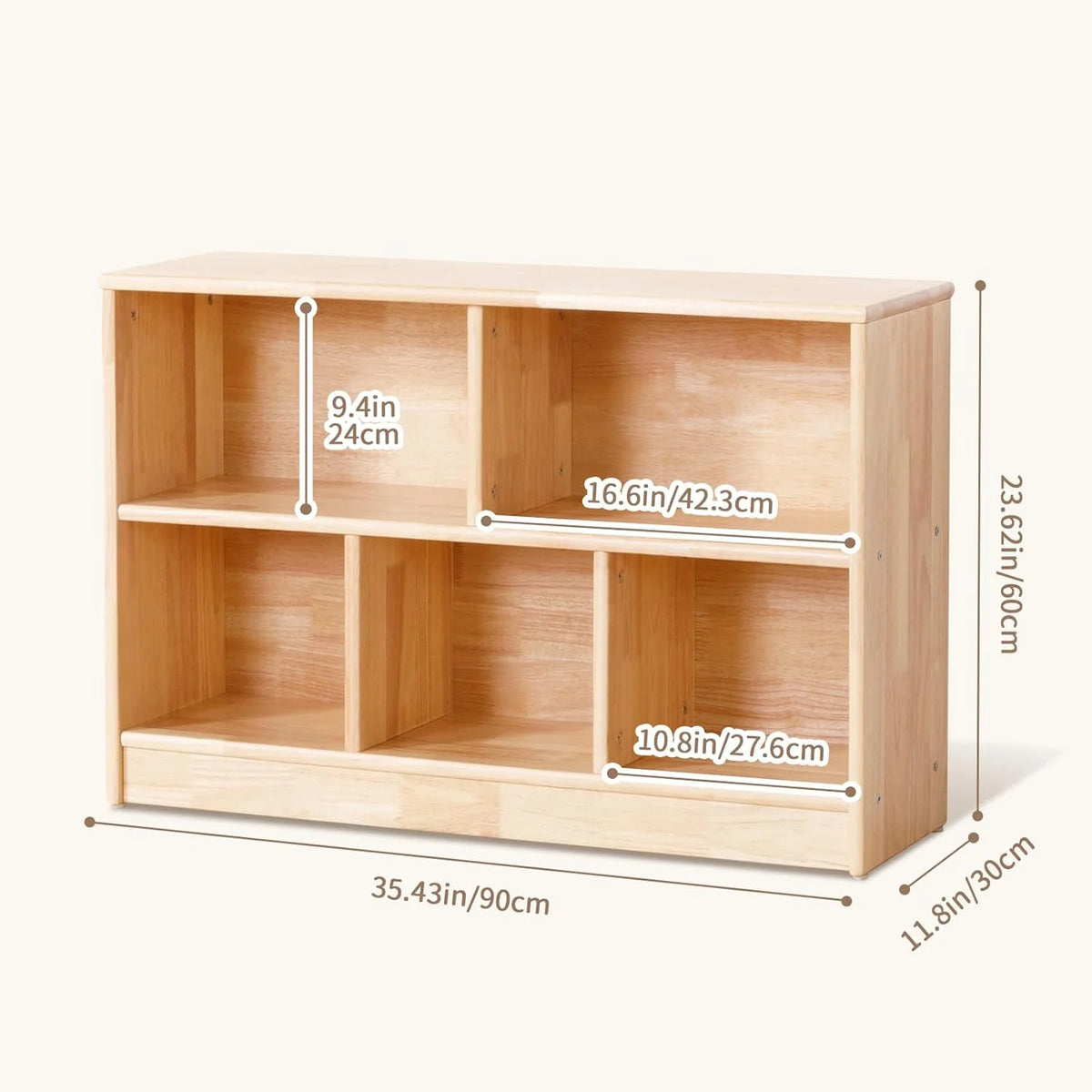 Rubber Wood 5-Compartment Montessori Shelf, 35.4" L Toddler Bookshelf, 2-Tier Wooden Storage Cabinet, Kids Classroom Organizer, Playroom, Daycare and Preschool Storage Shelves