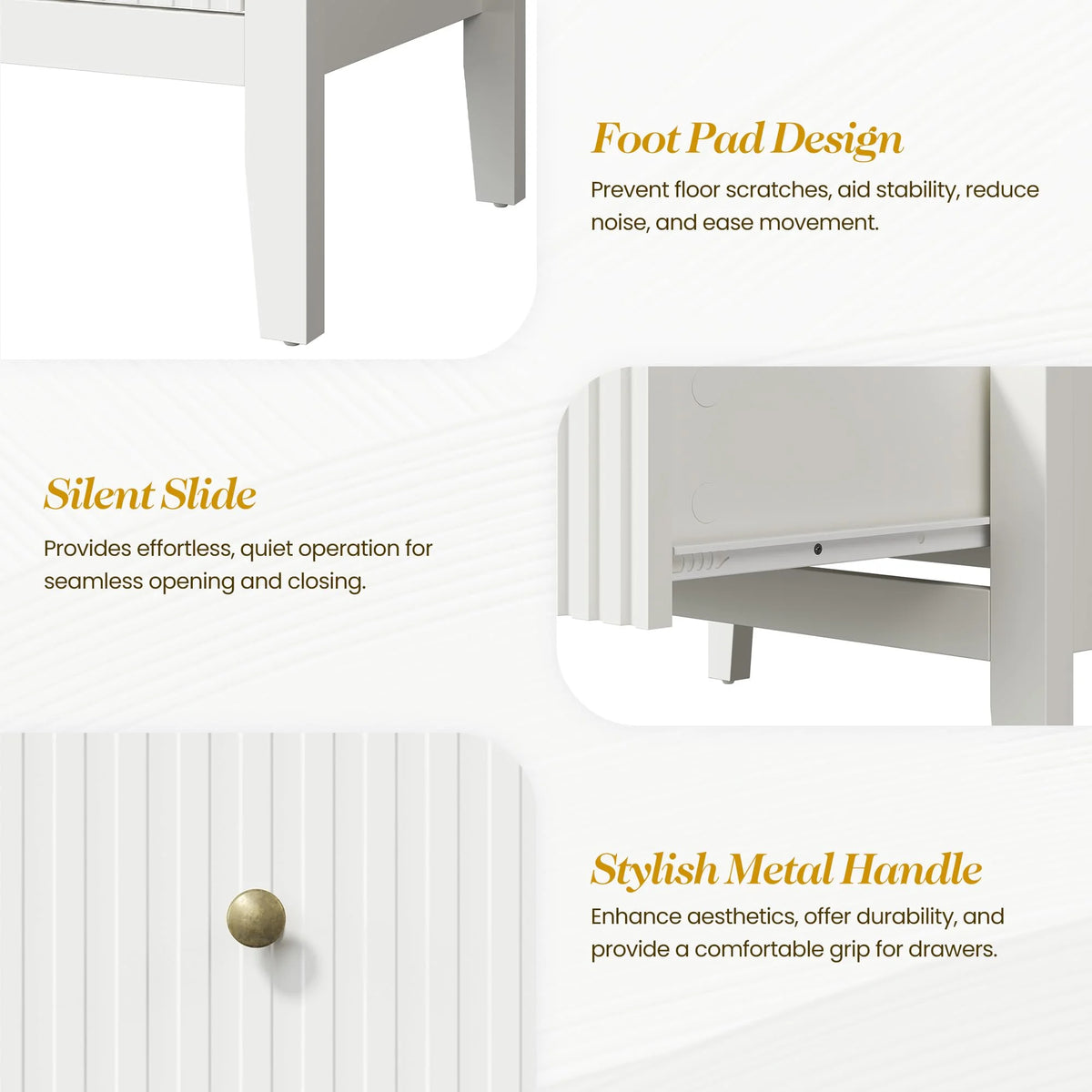 May Color Large White 3 Drawer Dresser Set of 2 with Fluted Panel, Modern Chest of Drawers with Silent Slide Drawers, Wood Accent Nightstand with Storage for Bedroom Living Room, Hallway