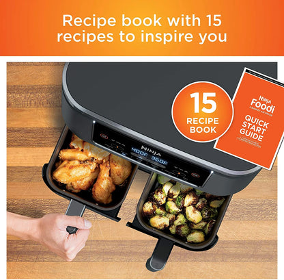 Restored Ninja DZ201 Foodi 6-in-1 2-Basket Air Fryer with DualZone Technology, 8-Quart Capacity, and a Dark Grey Stainless Finish (Refurbished)