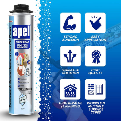 apel Spray Foam Insulation Kit (12 x 32.80 oz./240 Bd ft) Heat and Acoustic Insulation, Self Expanding Polyurethane Foam, Application Gun and Cleaner Included - 12 Pack