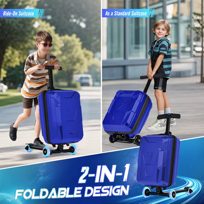 Advwin Ride-On Scooter Suitcase with LED Light-up Wheels, Hardshell Lightweight Foldable Rideable Luggage for Kids & Adults, Silver