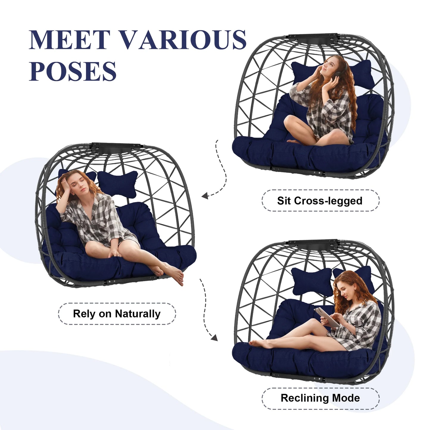 RADIATA Double Wicker Egg Swing Chair with Stand, 2-Person Hanging Egg Chair for Indoor/Outdoor, 700lbs Capacity, Thick Cushions & Headrest,Sturdy Metal Frame��Dark Gray