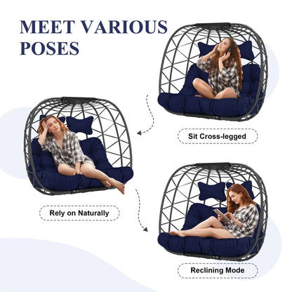 RADIATA Double Wicker Egg Swing Chair with Stand, 2-Person Hanging Egg Chair for Indoor/Outdoor, 700lbs Capacity, Thick Cushions & Headrest,Sturdy Metal Frame��Dark Gray