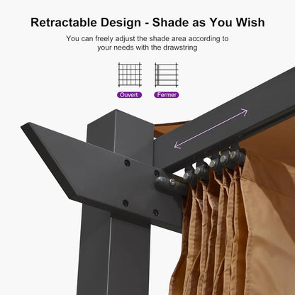 PURPLE LEAF Outdoor Retractable Pergola with Sun Shade Canopy 10' x 13' Patio Aluminum Pergola Shelter for Backyard Deck Garden Modern Metal Grape Trellis Pergola, Beige