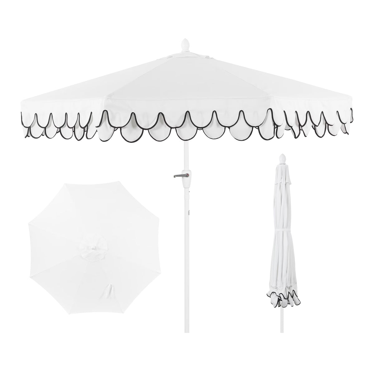 JONATHAN Y Tracy 9 ft. Market Patio Umbrella, Classic Mid-Century Scalloped Fringe, with Auto-Tilt Crank, Wind Vent and UV Protection, Coral Pink/White, Dark Brown Pole