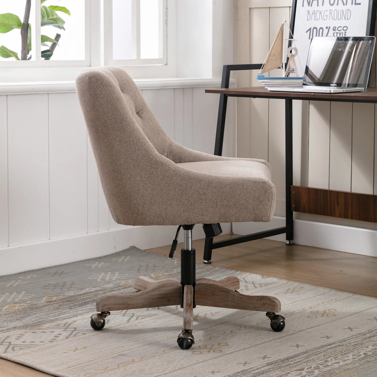 360 Degree Swivel Office Desk Chair, Upholstered Leisure Vanity Chair with Solid Wood Base and Wheels, Adjustable Height Computer Chair for Bedroom Living Room, Brown