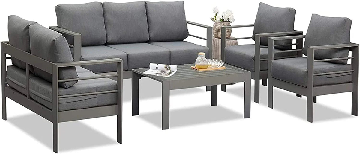 Superjoe Patio Furniture Aluminum Sofa All-Weather Outdoor 3 Seats Couch Gray Metal Chair with Dark Grey Cushions
