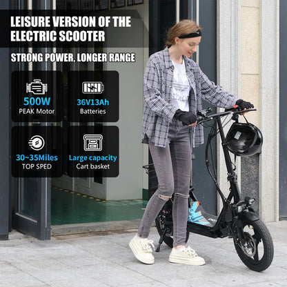 AZHAR 500W Electric Scooter with Seat for Adults, 25 MPH, 35 Miles, 48V 13Ah, 14" Tire