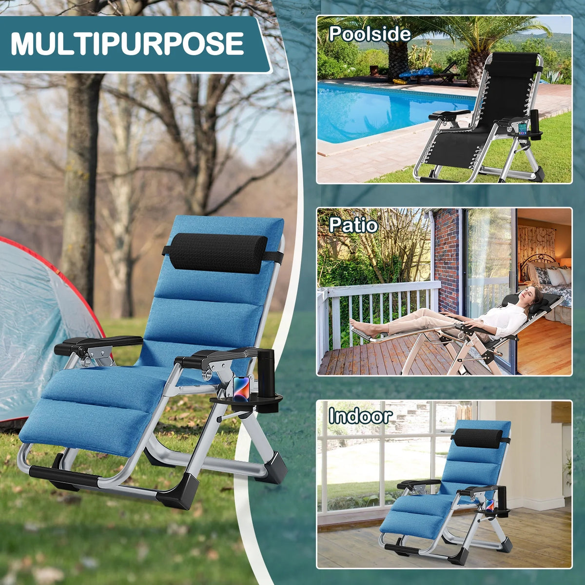 NAIZEA Zero Gravity Chair with Removable Cushion and Cup Holder Black