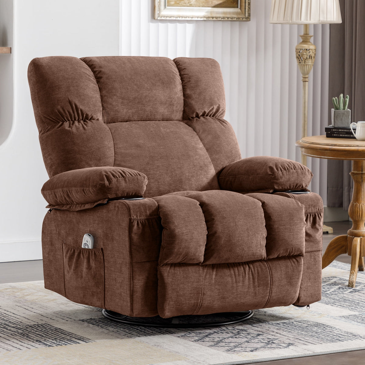 JONPONY Manual Recliner Chair with Heat Therapy and Massage Function, Heavy Duty Reclining Mechanism Massage Chair, Elderly Single Rocker Sofa with Cup Holders for Bedroom Home Theater,Grey