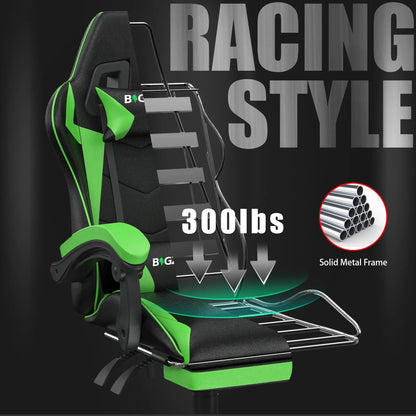 Bigzzia Gaming Chair Office Chair, Ergonomic Game Chair with Height Adjustable Headrest and Lumbar Support for Adults Teens, Black & White