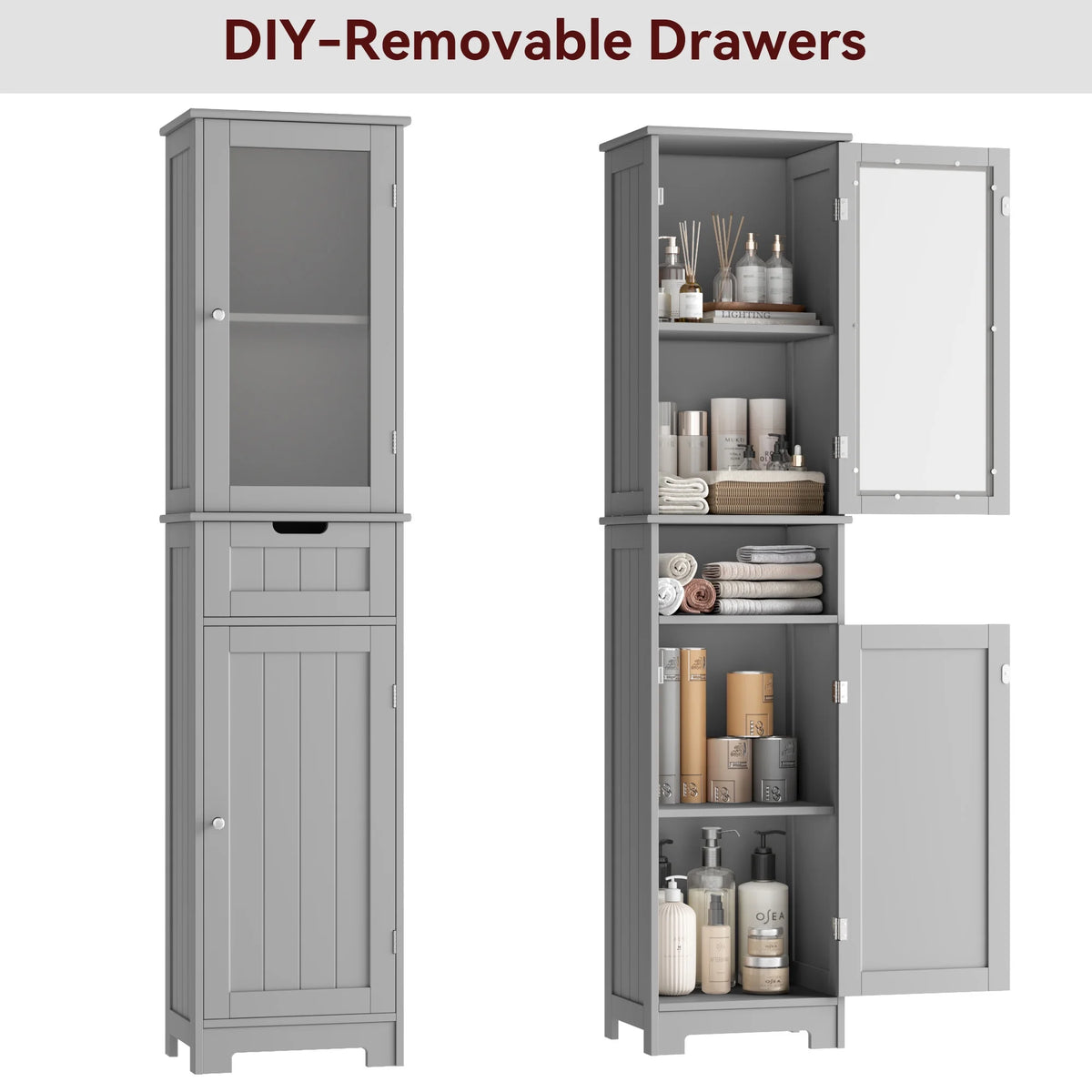 Homfa Bathroom Storage Tower, Narrow Linen Cabinet with Door and Drawers, Tall Bathroom Storage Cabinet for Small Spaces, White