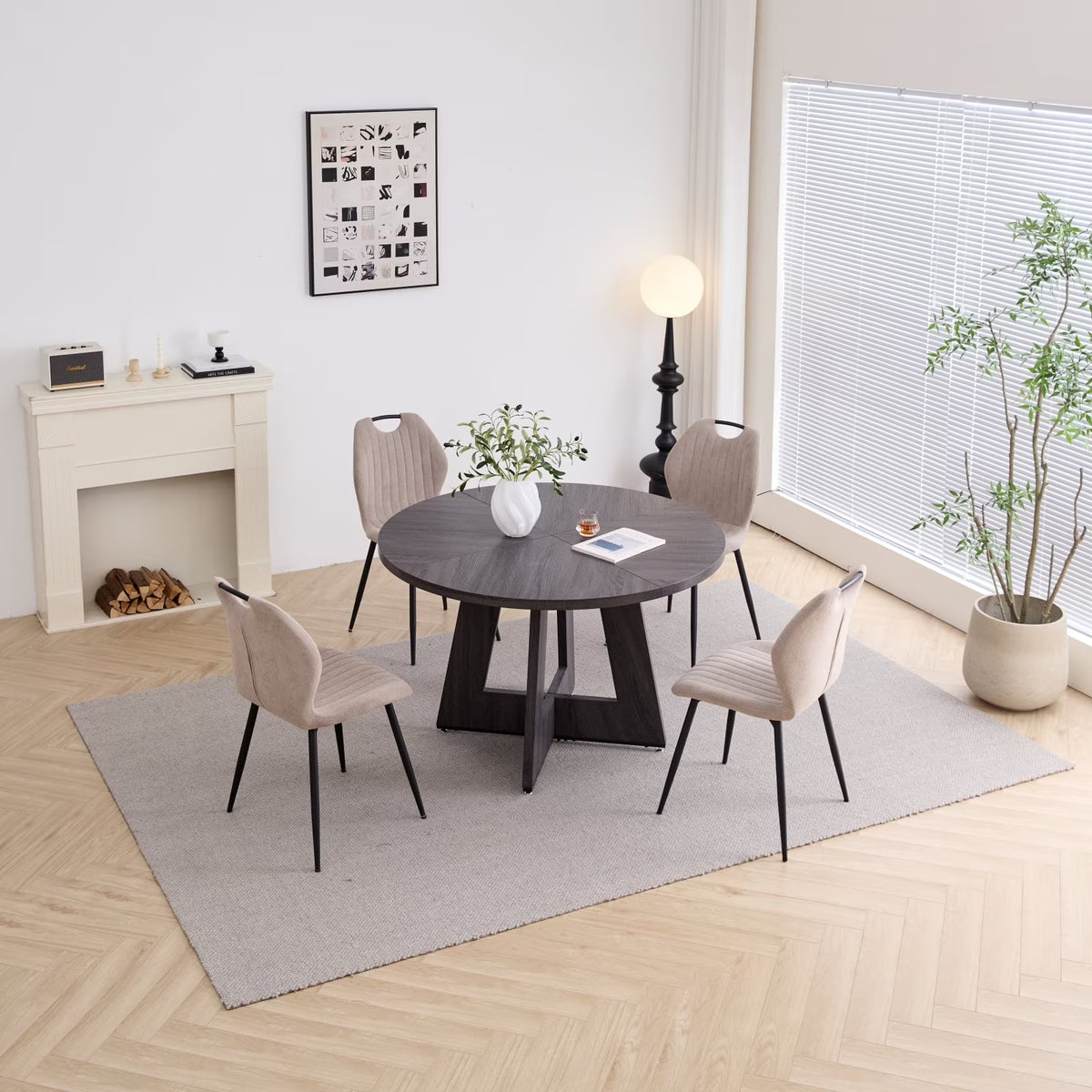 5 Piece 47'' Round Dining Table Chairs Set for 4, Farmhouse Gray Kitchen Table with 4 Boucle Mid Century Modern Dinning Room Chairs, Wood Dinner Table &Upholstered Chair Set of 4, Beige