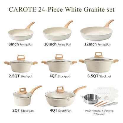 Carote Nonstick Cookware Sets, 24 Pcs Granite Non Stick Pots and Pans Set, Induction Cookware, White