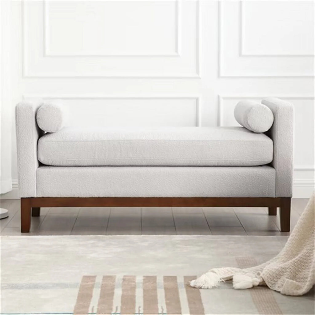 End of Bed Bench, 53.5" Boucle Fabric Upholstered Entryway Bench with Wood Legs & Bolster Pillows, Rolled Arm Cushioned Ottoman Foot Rest Long Stool Window Extra Seating for Bedroom, Ivory
