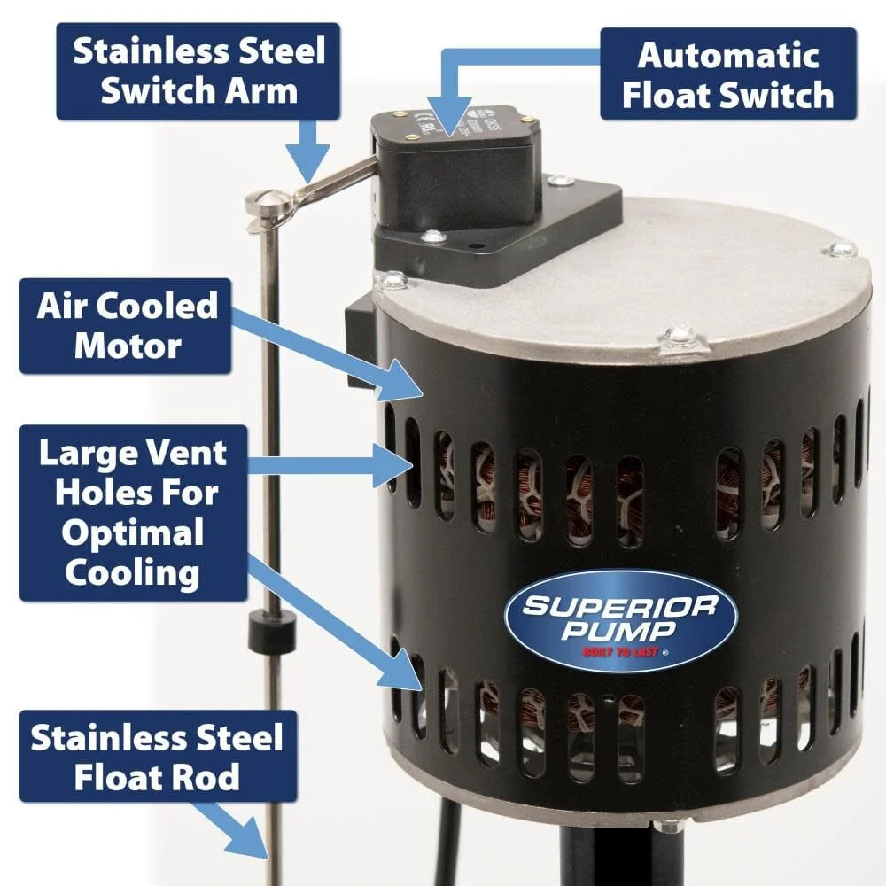 Superior Pump 92333 Multi Use Utility Sump Water Pump, 120 V, 0.33 Hp, 1-1/4 in Outlet, 50 Gpm, Thermoplastic - Black