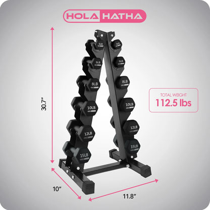 HolaHatha Neoprene Dumbbell Weight Set with Rack (Black), 112.5 lb