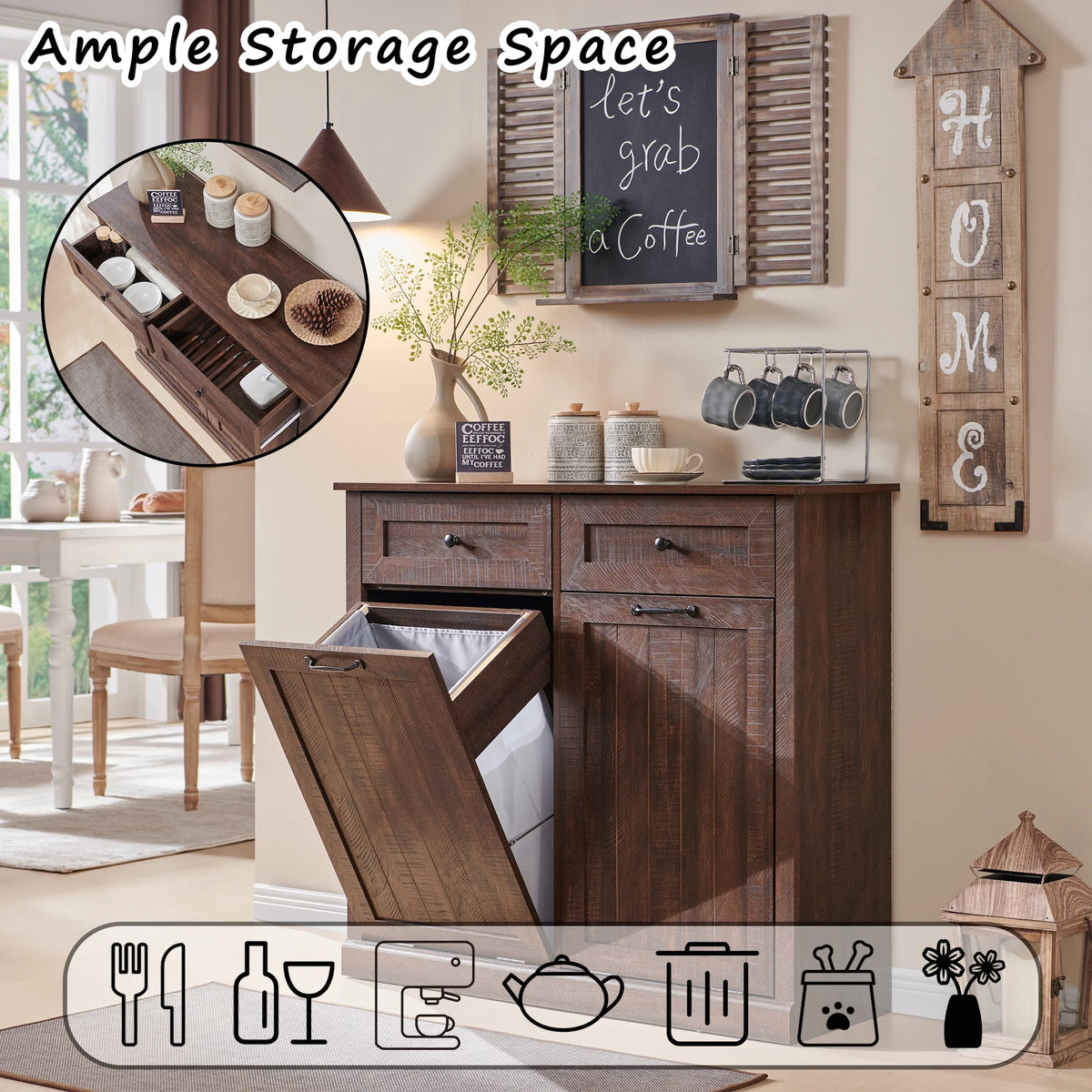 SinCiDo Kitchen Double Tilt Out Trash Can Cabinet, 20 Gallon Farmhouse Wooden Trash Garbage Can with Drawer