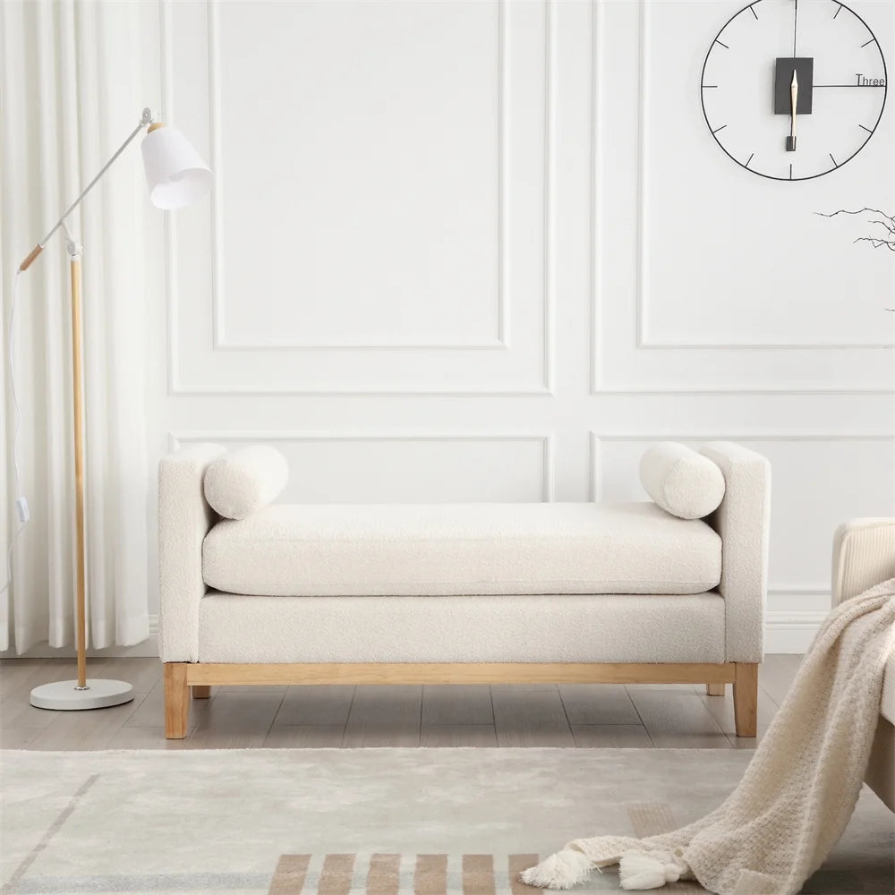 53.5"W Elegant Upholstered Bench with Wood Legs & Round Pillows,Comfy Boucle Fabric Footrest with Arms, Entryway Bench for End of Bed, Bedroom and Living Room, Ivory