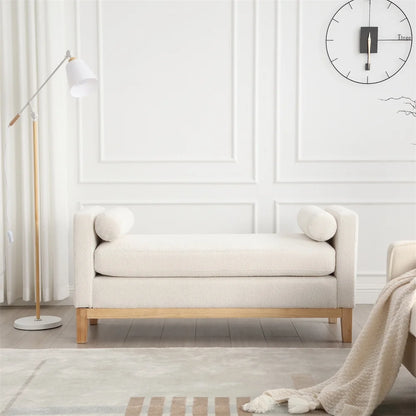 53.5"W Elegant Upholstered Bench with Wood Legs & Round Pillows,Comfy Boucle Fabric Footrest with Arms, Entryway Bench for End of Bed, Bedroom and Living Room, Ivory