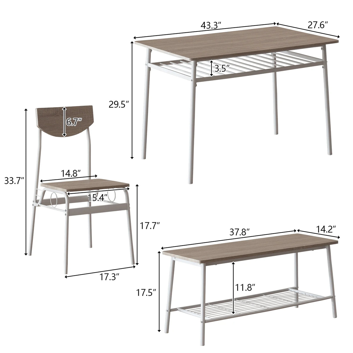 6-Piece Dining Table and Chair Set, Includes 1 Table, 1 Bench and 4 Chairs, Rectangular Kitchen Table and Armless Chairs, Compact Chairs with Curved Backrest for Dining Room