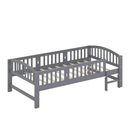 SESSLIFE Twin Size Platform Bed, Solid Wood Twin Bed Frame with Slats, Fence Guardrail Ladder, Twin Floor Bed with Strong Legs for Boys Girls, No Box Spring Needed, Holds 400 lbs, White
