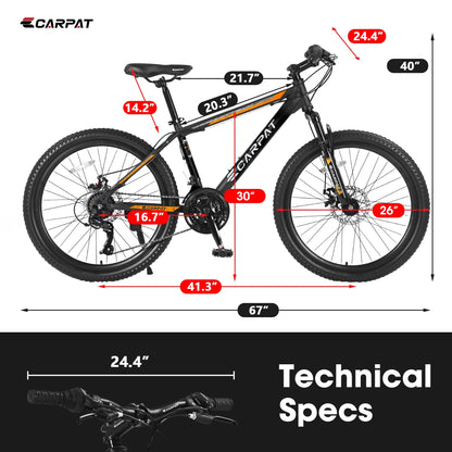 26 Inch Mountain Bike, Shimano 21 Speeds w/Mechanical Disc Brakes, High-Carbon Steel Frame, Suspension MTB Bikes Mountain Bicycle for Adult & Teenagers