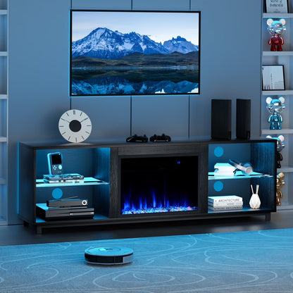 Easoger Fireplace TV Stand, 68'' TV Stand with 23" Electric Fireplace, LED Light Entertainment Center, TV Stands for 80 inch TV, Black
