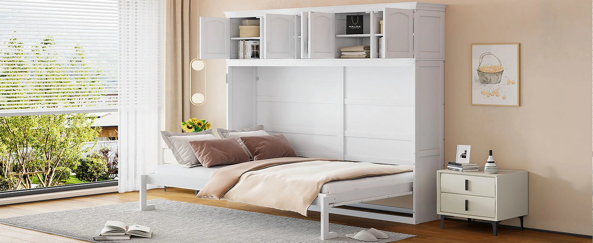 Newest Queen Size Murphy Bed Wall Bed with Top Cabinets,Gray