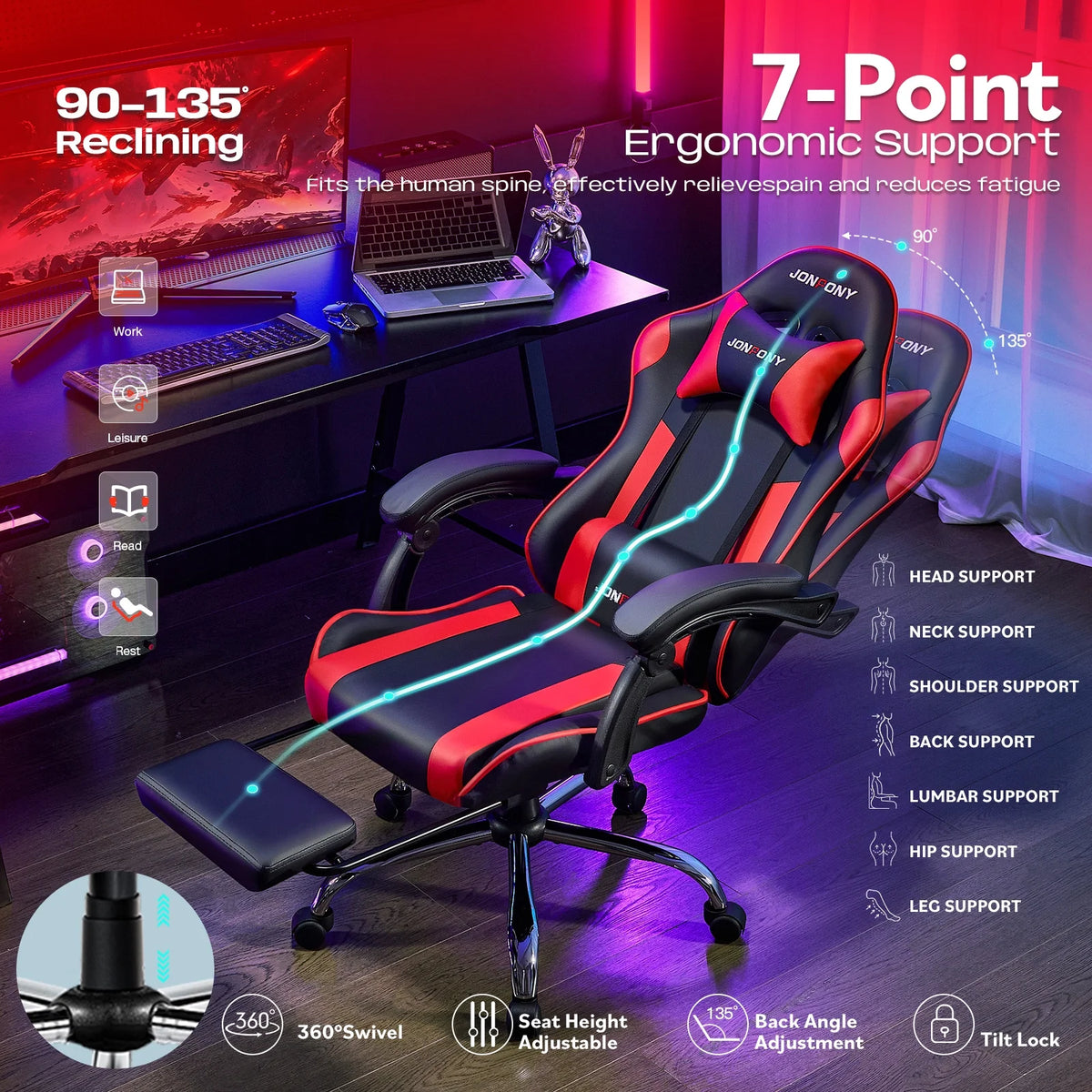 JONPONY Big and Tall Gaming Chair, Ergonomic Design, Gamer Chair PU Leather with Footrest and Lumbar Support, High Back Office Chair Support 8 Hours Long Sitting, Computer Chair,Black Grey