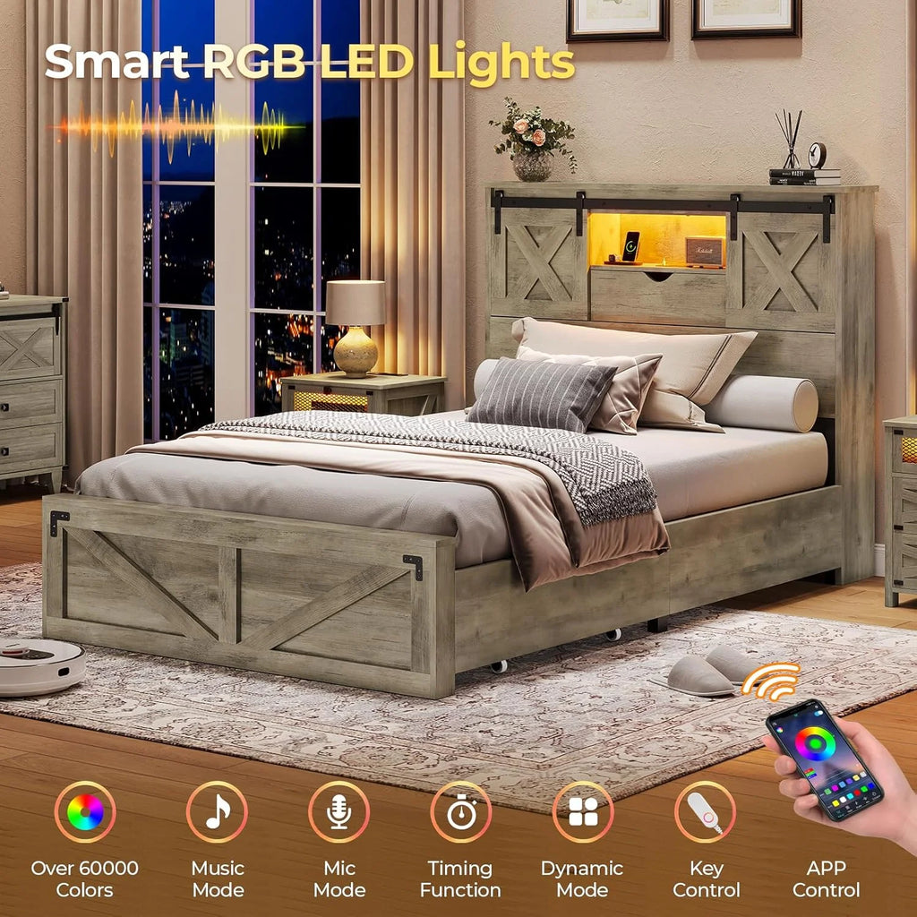 Twin XL Size Bed Frame with Headboard and Drawers, Farmhouse Twin XL Platform Bed Frame with LED Lights and Charging Station, No Box Spring Needed,Gray