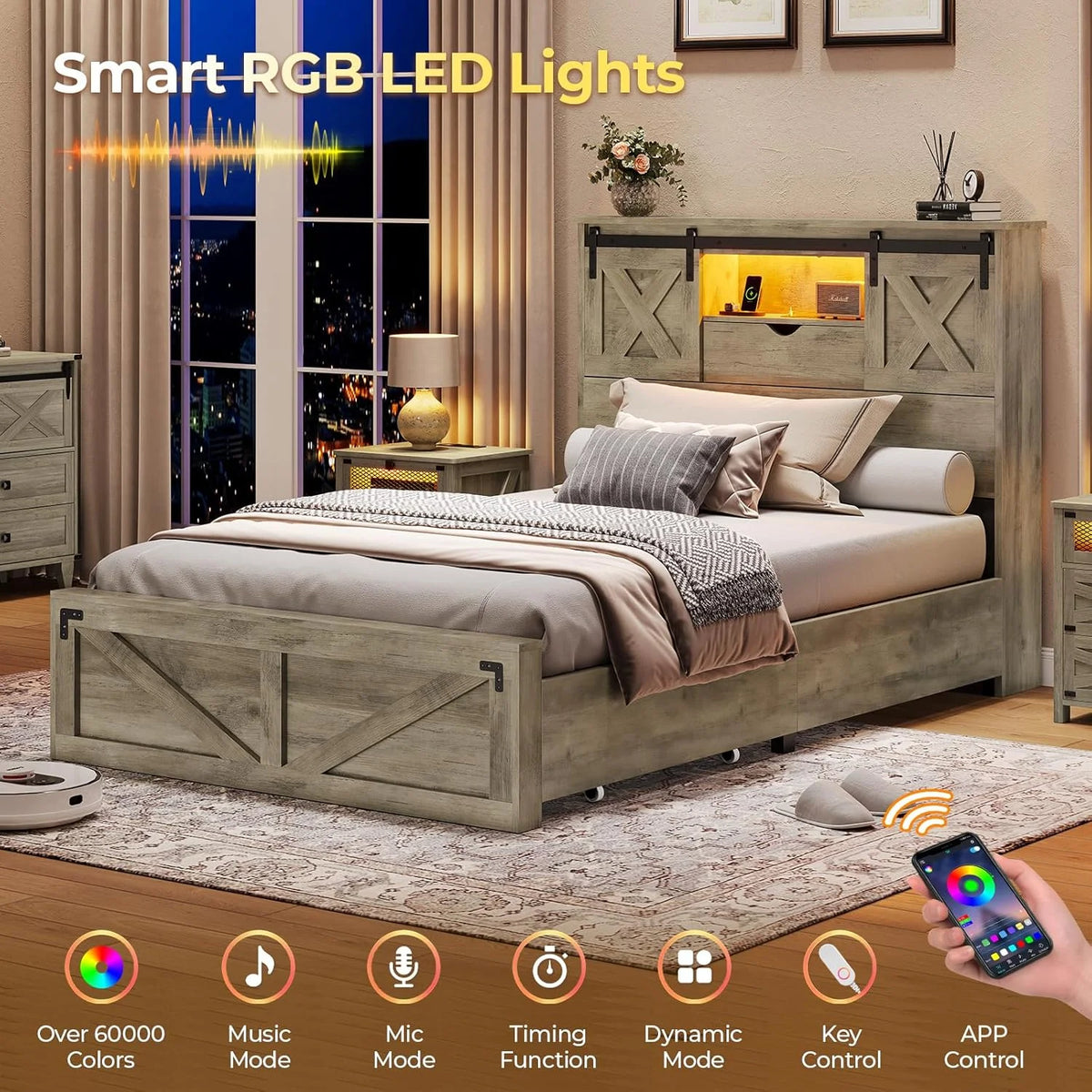 Twin XL Size Bed Frame with Headboard and Drawers, Farmhouse Twin XL Platform Bed Frame with LED Lights and Charging Station, No Box Spring Needed,Gray