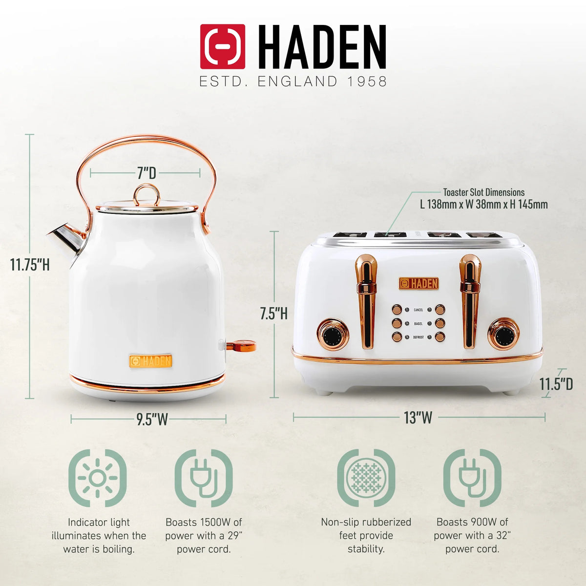 Haden Heritage 1500 1.7 Electric Kettle, Matte Black Finish with Copper Accents