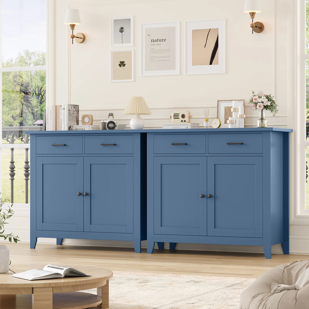 Homfa Entryway Cabinet, Kitchen Storage Cabinet, Farmhouse Buffet Sideboard with 2 Drawers and 2 Doors,Coffee Bar with Storage for Dining Room Living Room,White