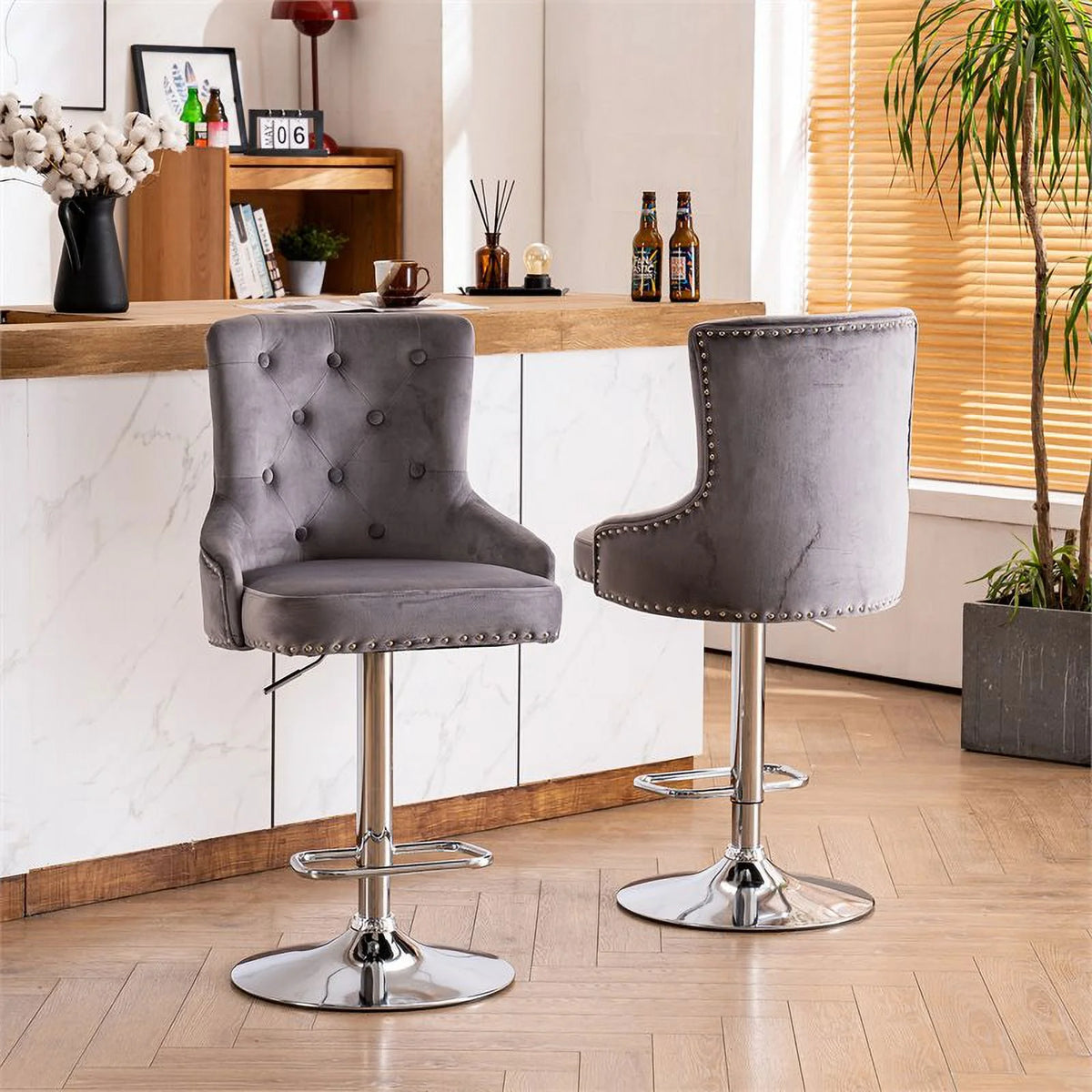Alexent  2PCS Swivel Bar Stools, High Back, Button Tufted, Silver Footrest and Nailhead Trim Swivel Bar Chairs for Kitchen, Bar Velvet Upholstered Bar Stools, Dark Blue