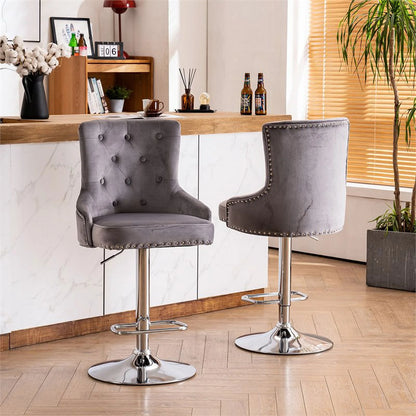 Alexent  2PCS Swivel Bar Stools, High Back, Button Tufted, Silver Footrest and Nailhead Trim Swivel Bar Chairs for Kitchen, Bar Velvet Upholstered Bar Stools, Dark Blue
