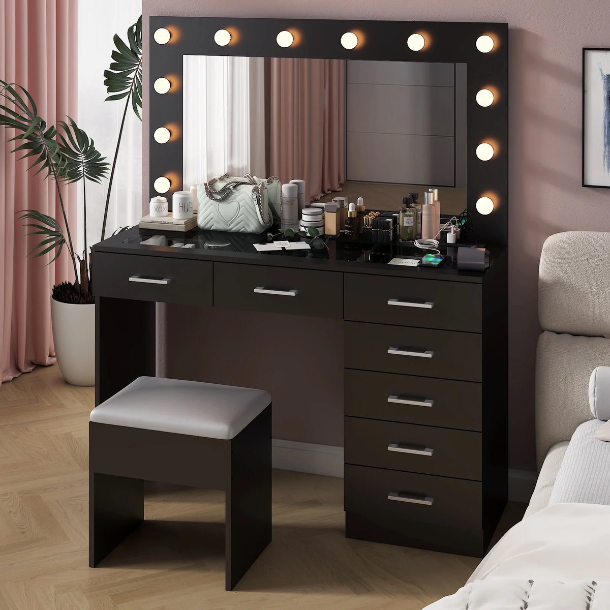 Ktaxon Large Makeup Vanity, Vanity Table Set w/ Visible Glass Top w/ Charging Station, White