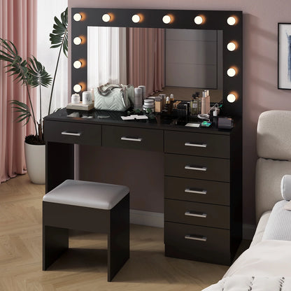 Ktaxon Large Makeup Vanity, Vanity Table Set w/ Visible Glass Top w/ Charging Station, White