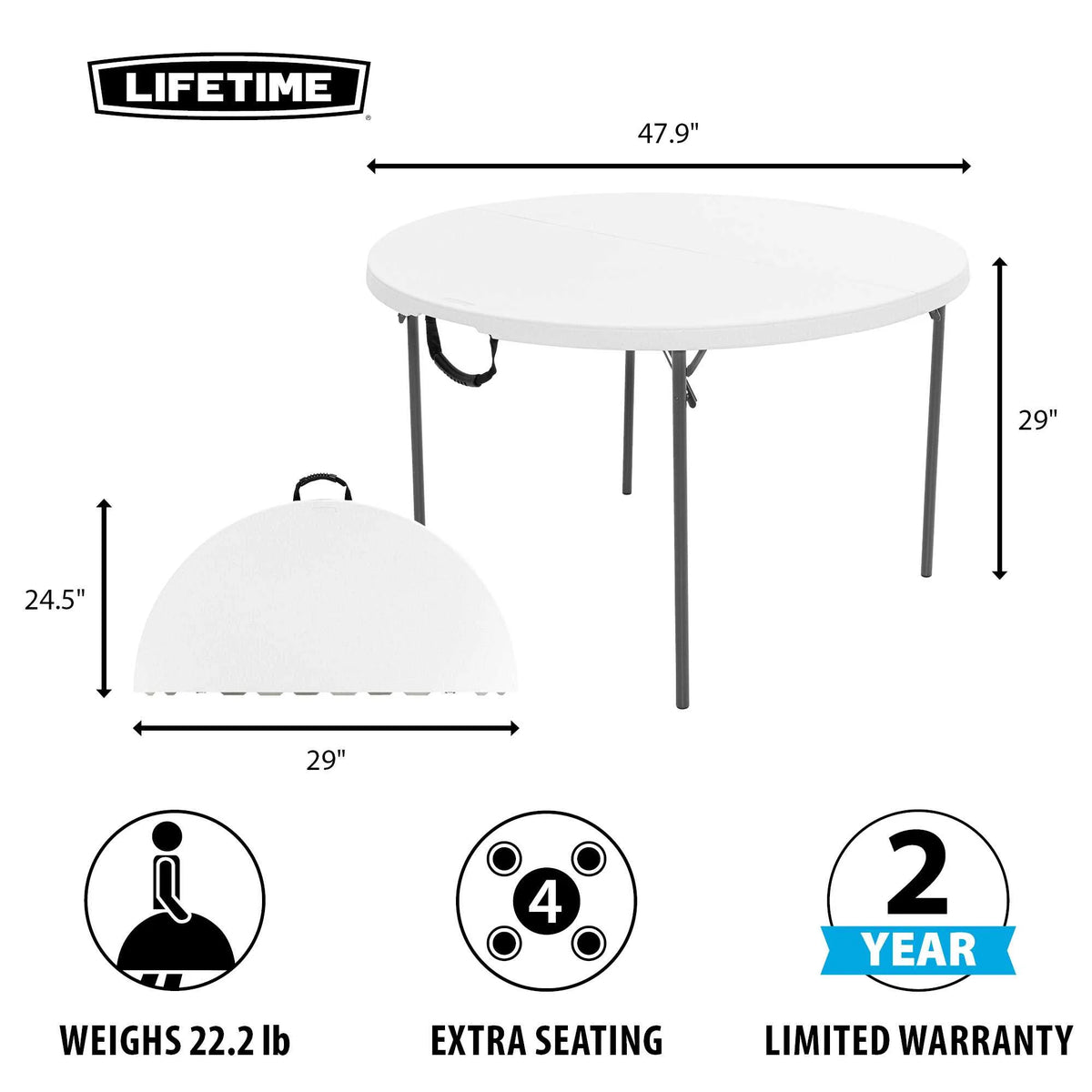 Lifetime 48 inch Round Fold-in-Half Table, Indoor/Outdoor Essential, White Granite (280064)