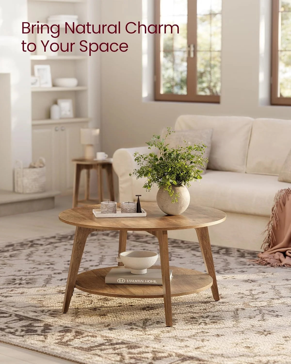 VASAGLE Round Coffee Table, 2 Tier Coffee Table with Storage, for Living Room, 31.5 x 17.7 Inches, Easy to Assemble, Honey Brown