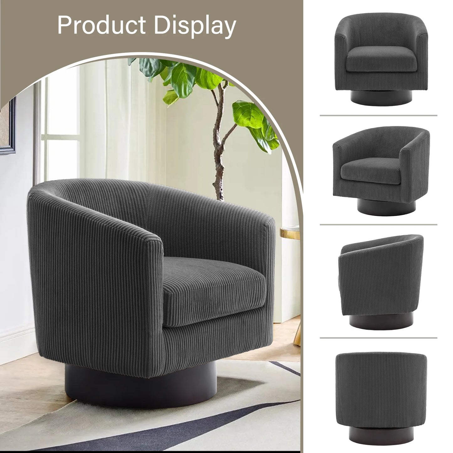 UIXE Swivel Accent Chair, Upholstered Fabric Barrel Chair for Living Room, Small Single Sofa Bedroom Reading Seat, Light Gray